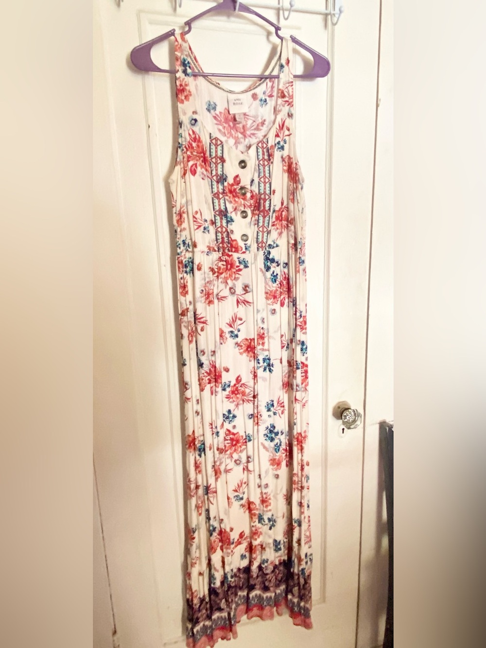 Knox Rose White Floral Button-Front Floor Length Dress - Red, White, Blue